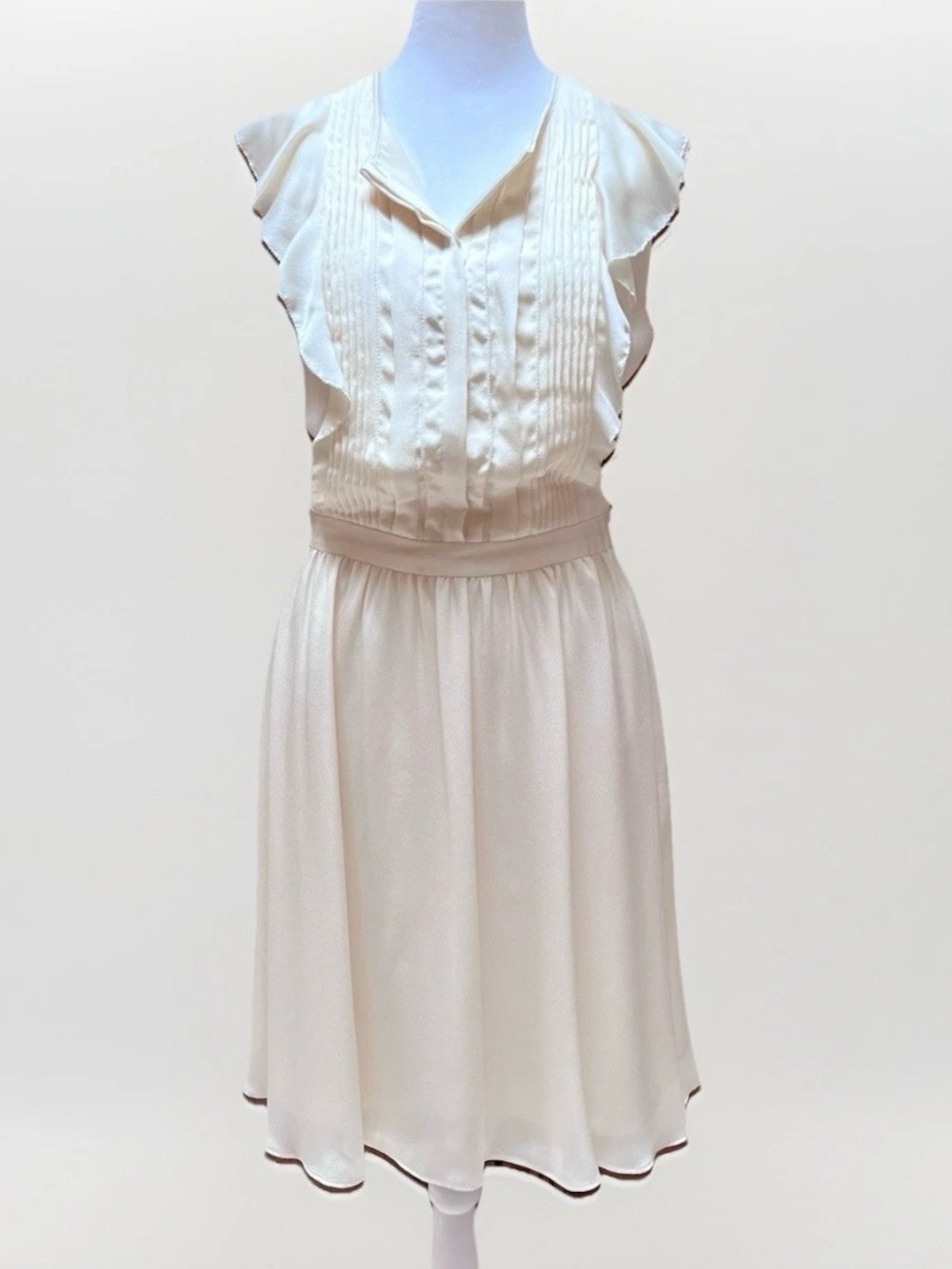 Banana Republic Ivory Pintuck Ruffle Chiffon Dress Size 12 Pockets Lined